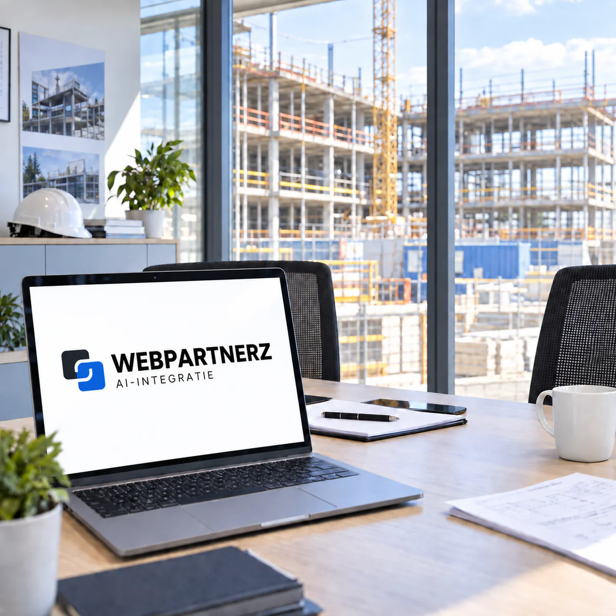 Laptop met het Webpartnerz-logo in een kantoor bij een bouwplaats