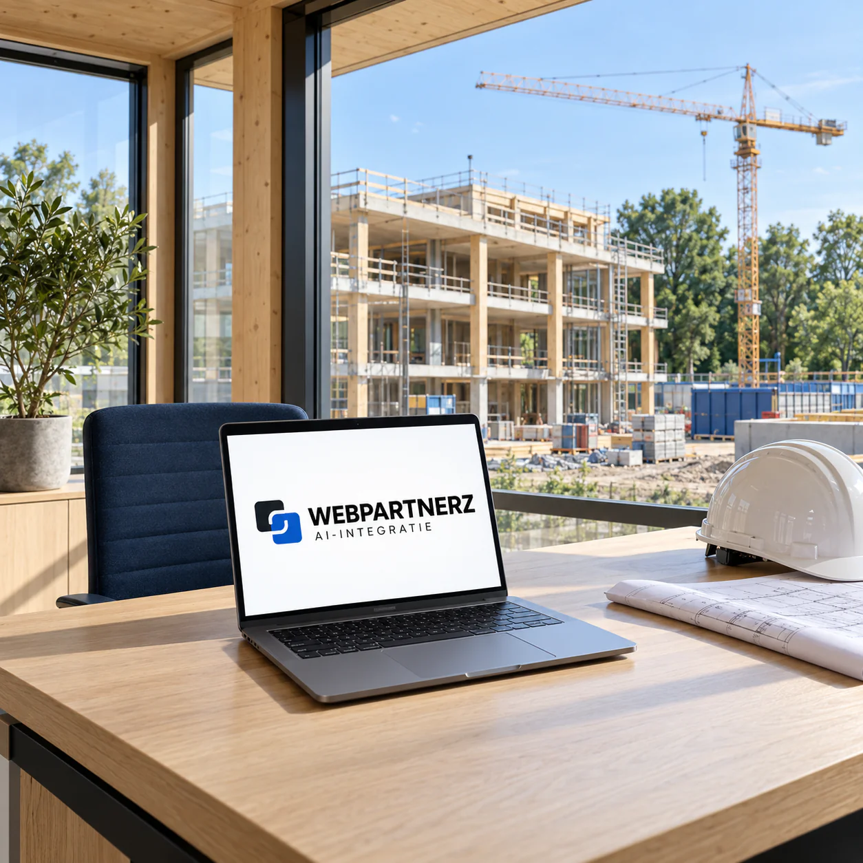 Laptop met Webpartnerz AI-integratie op een bouwkantoor