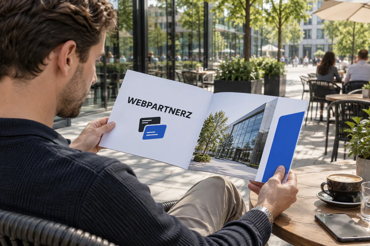 Man leest een brochure van Webpartnerz op een terras