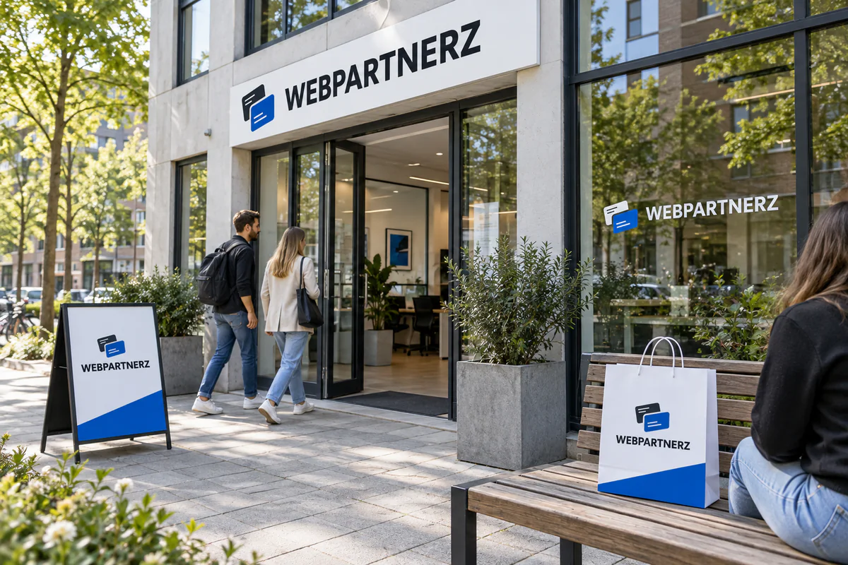 Winkelpui, stoepbord en tassen in de huisstijl van Webpartnerz