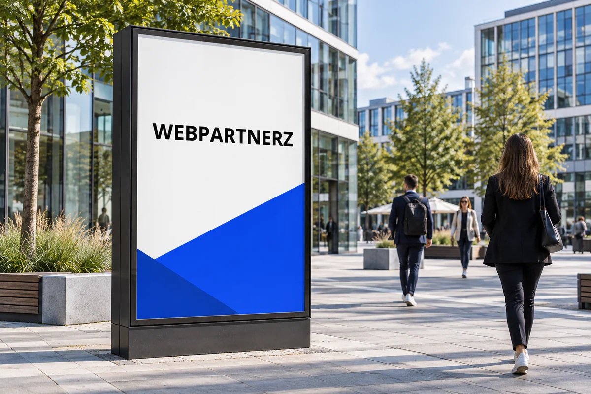 Reclamebord met het Webpartnerz-logo in een zakelijke straat