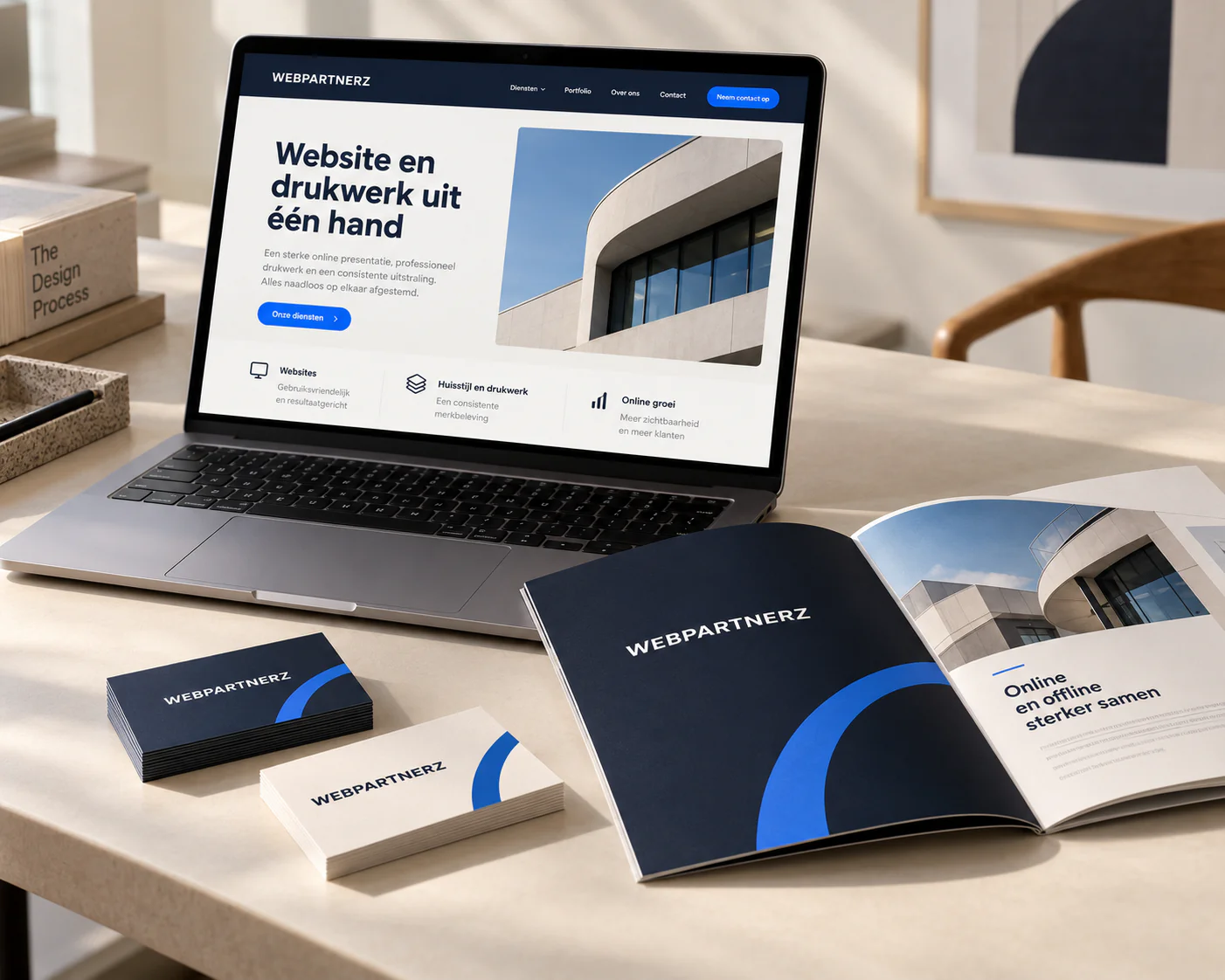 Laptop, visitekaartjes en brochure in de huisstijl van Webpartnerz