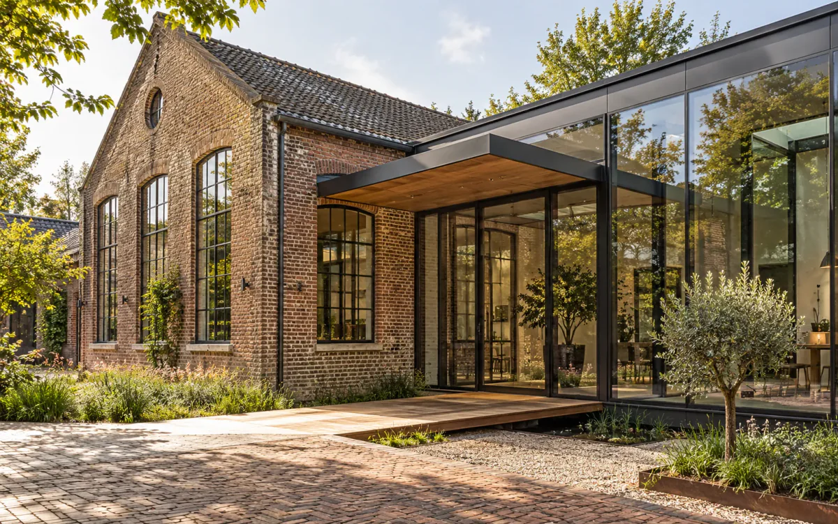 Oud bakstenen pand met een nieuwe glazen aanbouw