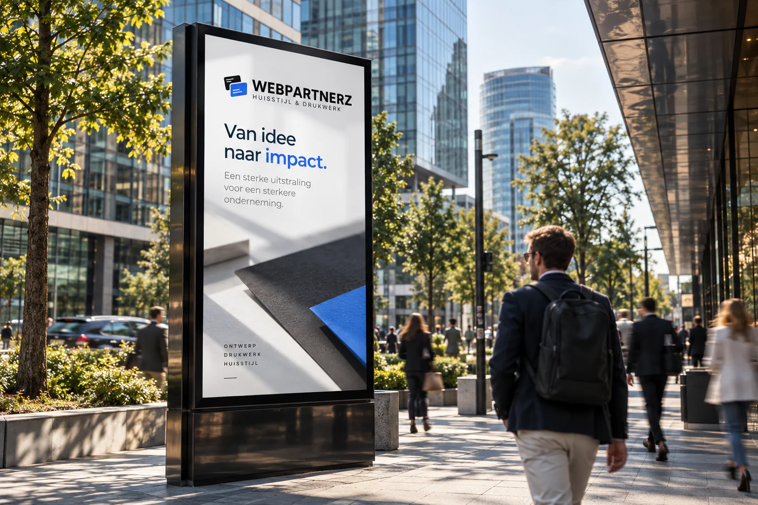 Reclamezuil van Webpartnerz in een winkelstraat