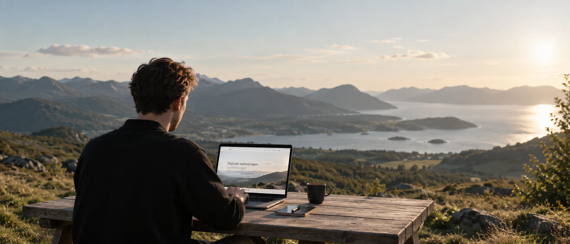 Man werkt op een laptop met uitzicht over een meer en bergen