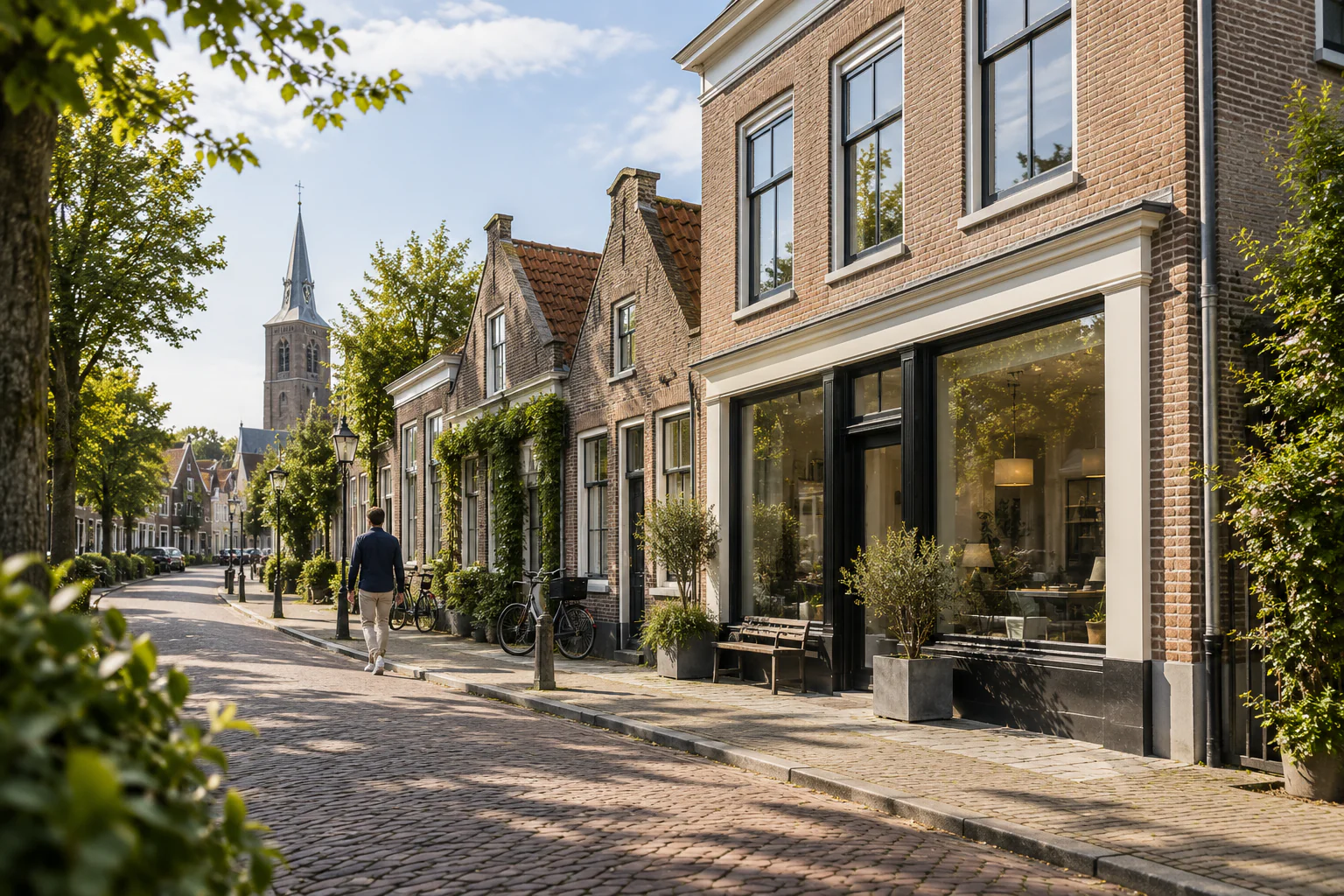 Dorpsstraat met oude gevels en een vernieuwde winkelpui