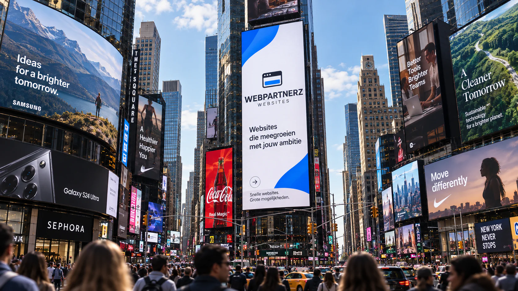 Billboard van Webpartnerz tussen reclameschermen in een drukke stad