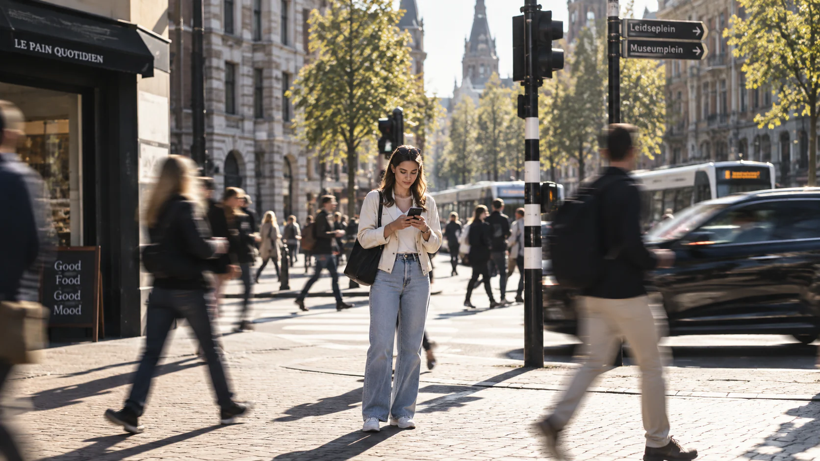 Vrouw met telefoon in een drukke winkelstraat