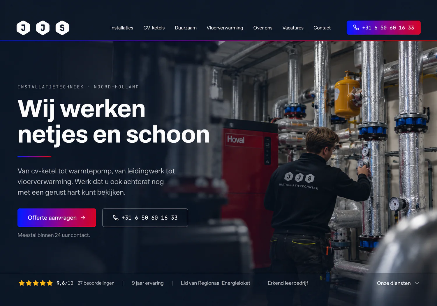 Website van JJS Installatietechniek, gebouwd door Webpartnerz